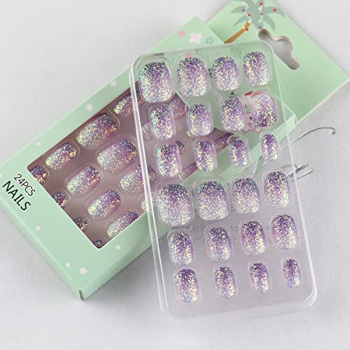 Kids Press on Nails 24Pcs Purple Gradient Glitter Short False Nails