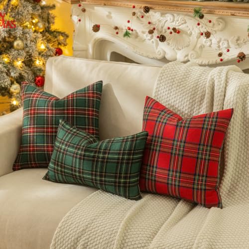 Christmas Plaid Throw Pillow Covers Set of 2 - Red & Green 22x22 Inches
