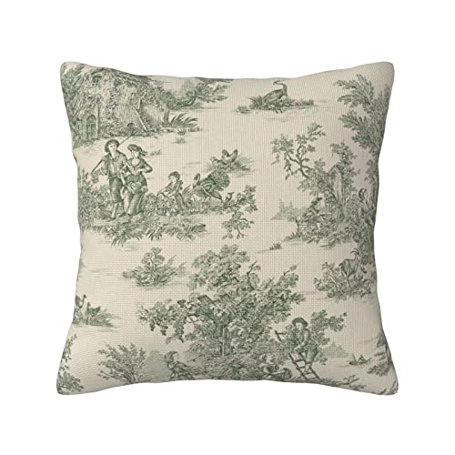 CALHogar 18x18 French Toile Pillow Cover - Vintage Jouy Green Burlap