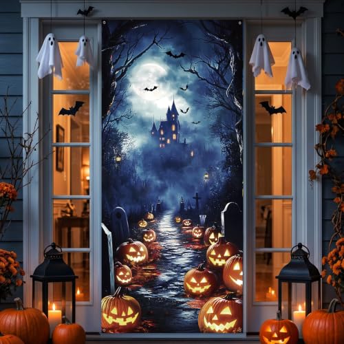 Halloween Pumpkin Castle Door Cover - 35x79 Inch Spooky Banner