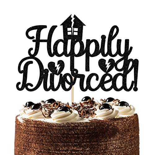 Happily Divorced Cake Topper - Black Glitter Divorce Party Decoration