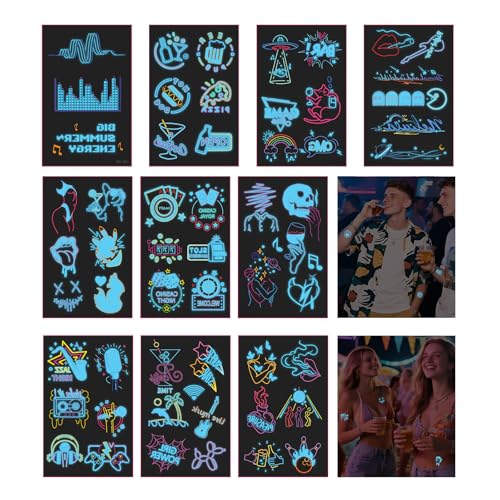 Glow in the Dark Temporary Tattoos - 56 Blue Designs, 10 Sheets