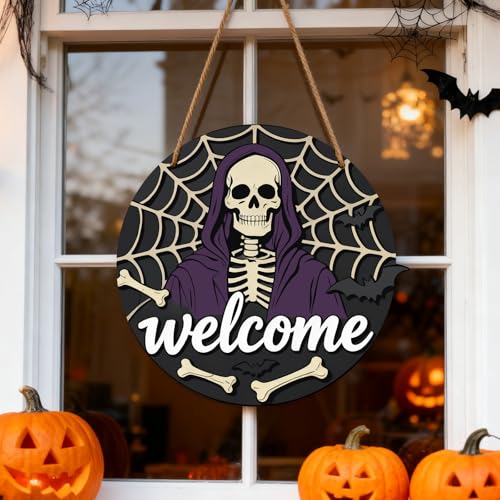 EoffIvan Halloween Wooden Door Sign Skull Hanging Decor for Front Door