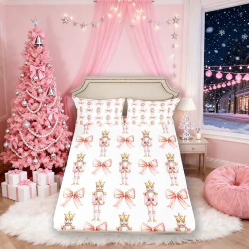 Pink Bowknot Fitted Sheet Twin Size - Cartoon Nutcracker Kids Bedding Set with Pillowcase - Golden Pink Variation