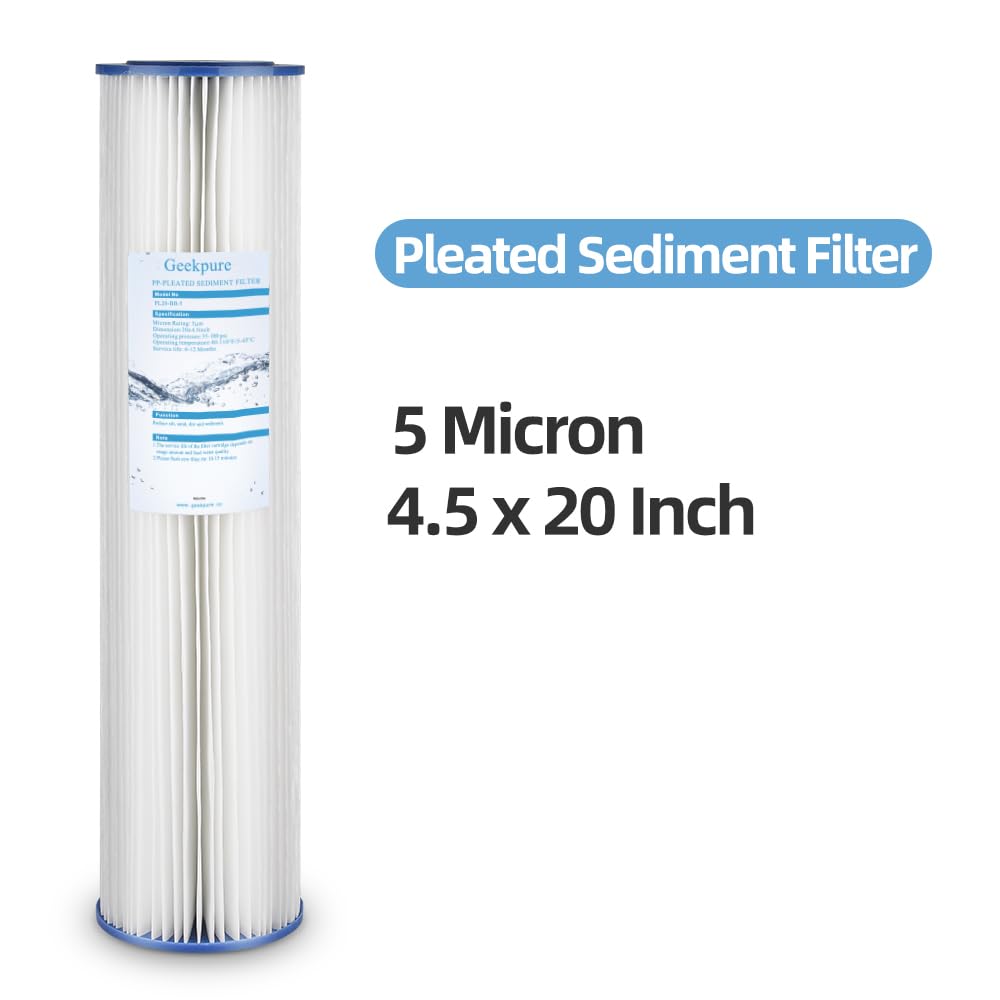 Geekpure Whole House Pleated PP Polypropylene Sediment Replacement Filters -4.5" x 20"-5 Micron -Pack of 4