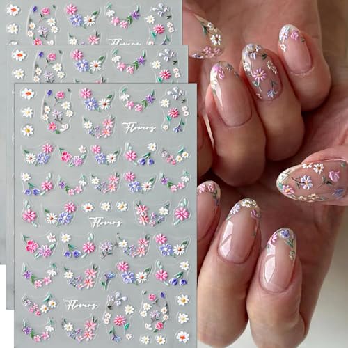 KAICCOSO 3D Embossed Floral Nail Art Stickers Daisy Spring Decals