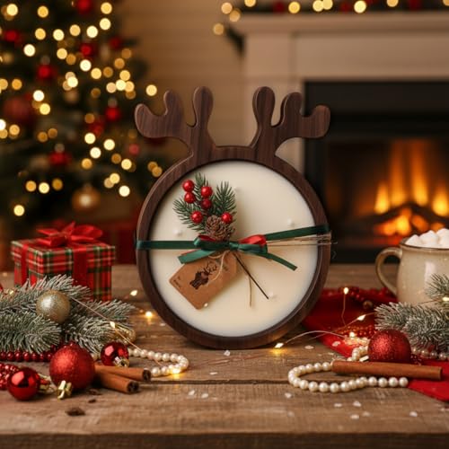 Reindeer Wooden Christmas Bowl Candle Set with Berries & Pine for Holiday Decor