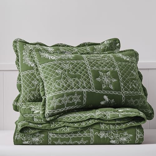 Green Patchwork Queen Size Christmas Quilt Bedding Set with 2 Shams