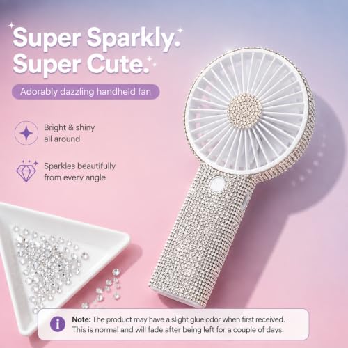 TAZTIR Rhinestone Handheld Fan - Portable USB-C Rechargeable Mini Fan, White