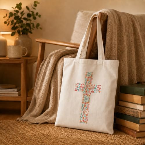 Christian Tote Bag Style 35 - Floral Cross Canvas Reusable Bag