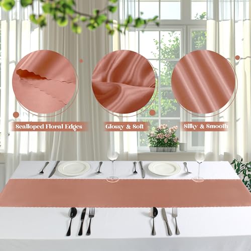 Rose Gold Satin Table Runner 12x108 Inch - 2 Pack with Scalloped Edges