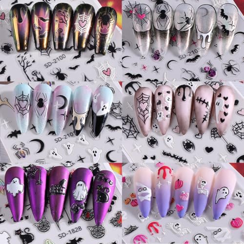 6 Sheets 5D Embossed Halloween Nail Art Stickers Spooky Ghost Pumpkin Decals