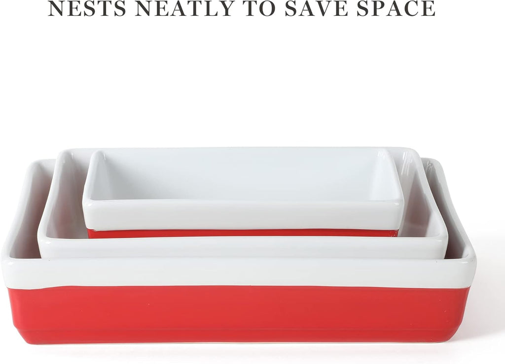 Martha Stewart 3-Piece Stoneware Bakeware Set - Durable Oven-Safe Baking Dish & Casserole - Red