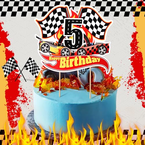 Race Car 5th Birthday Cake Topper - Checkered Flag Decoration