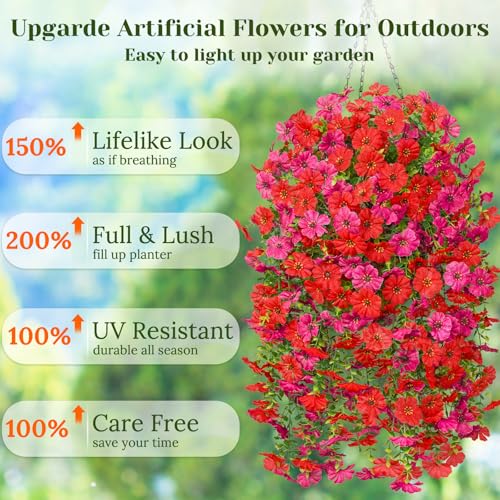 Dolicer 2 Pcs Realistic Artificial Flowers for Outdoor Decor - UV Resistant Silk Hanging Plants (Red & Fuchsia)