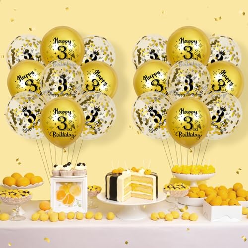 Gold 3rd Birthday Balloons - 18 Pcs with Confetti & Ribbon