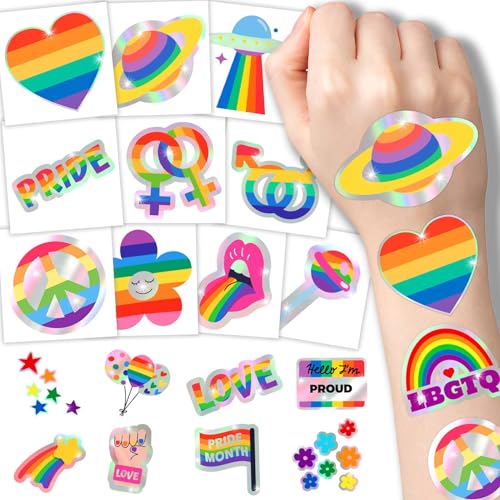 Glitter Pride Temporary Tattoos 120 Pcs LGBT Rainbow Metallic Fake Tattoos