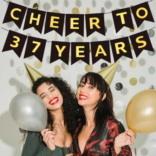 Black and Gold Cheers to 37 Years Banner - Pre-Strung 37th Birthday Party Decoration