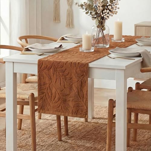 Caramel Soft 3D Jacquard Leaves Cotton Table Runner 13x72 Inch - Spring Holiday Home Decor