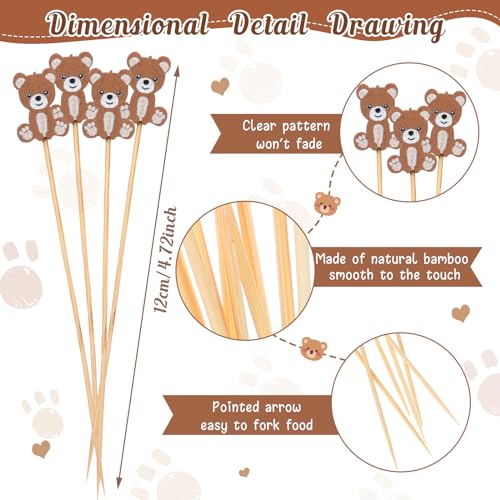 4.7 Inch Bamboo Cocktail Picks - Bear Style Decorative Food Skewers (100 Pack)