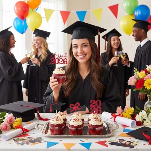 2026 Graduation Cupcake Toppers - 36 PCS Glitter Picks for Party