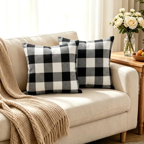 Hexagram Black and White Buffalo Check Throw Pillow Covers - Set of 2, 18x18
