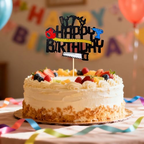 Tool Happy Birthday Cake Topper - Black Mechanic & Construction Party Decor