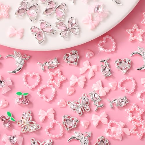 110Pcs Pink Bow Flower Nail Charms Rhinestone 3D Alloy Art Decor