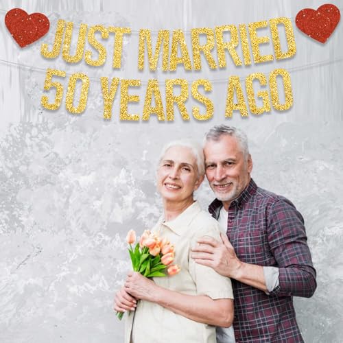 Gold Glitter Just Married 50 Years Ago Banner - Pre-Strung Anniversary Decoration