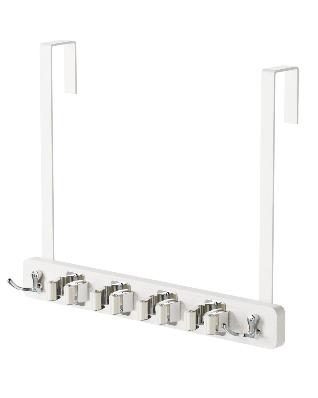 Vosturdy Mop and Broom Holder Wall Mount, No Drill Over the Door Broom and Mop Holder with 4 Slots and 4 Hooks, Wood Tool Hanger for Laundry, Cabinet, Kitchen, Garage