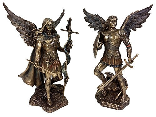 Religious Saint Michael and Gabriel Statues Set - Hand Painted Bronze Finish, 9 1/4 Inch Tall