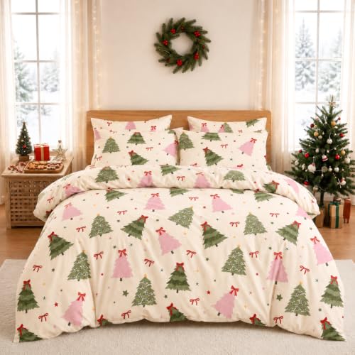 Pink Green Christmas Tree Queen Comforter Set with Pillowcases - Festive Bedding