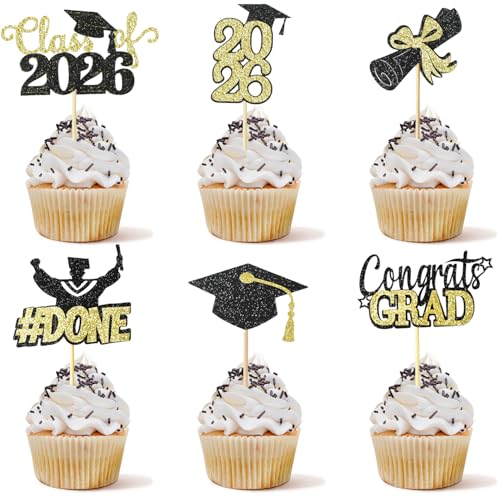 Class of 2026 Graduation Cupcake Toppers - 24Pcs Gold Glitter