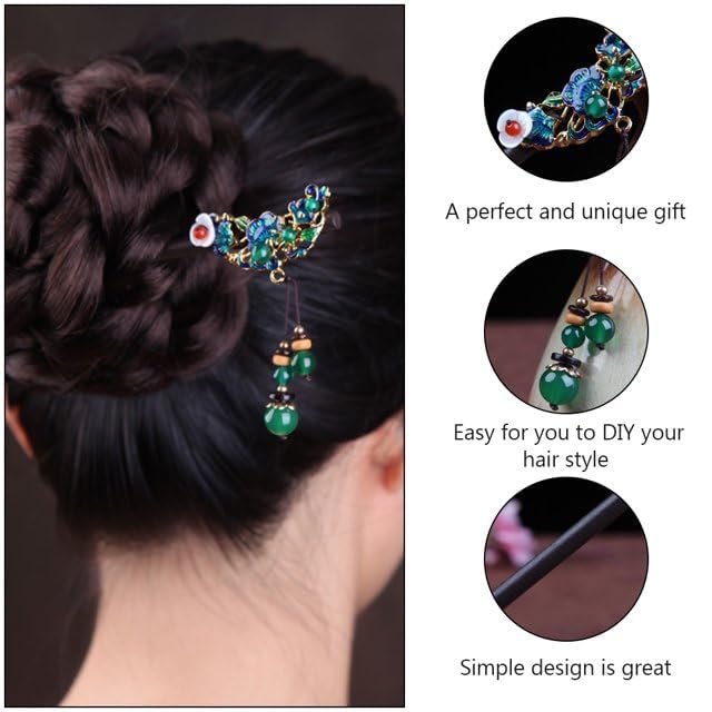 Blue Wooden Hair Stick Vintage Tassel Floral Hairpin for Hanfu