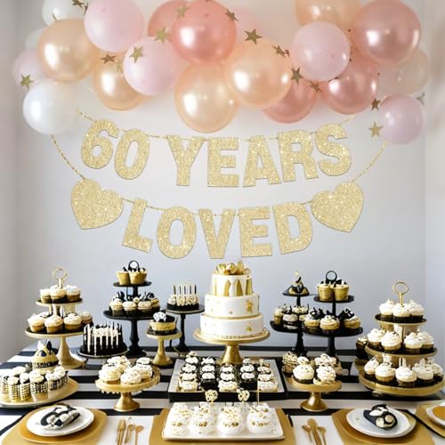 60 Years Loved Banner - Gold Glitter 60th Birthday Party Decorations