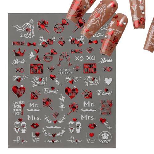 Valentine Heart Nail Stickers 3D Self Adhesive Red Heart Decals 6 Sheets