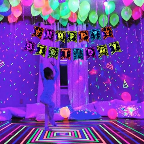 Neon Glow Happy Birthday Banner Pre-Strung Black Light Party Decorations