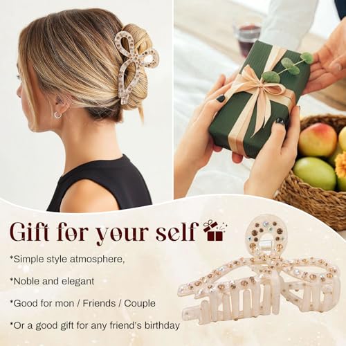 AWAYTR Rhinestone Bow Hair Claw Clip 4.3 Inch for Thick Hair