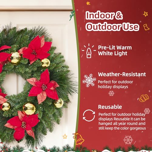 Pre-Lit Christmas Wreath 24 Inch Red and Gold Indoor Outdoor Decor with Lights