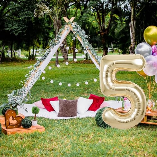 40 Inch White Gold Number 5 Balloon - Party Decoration