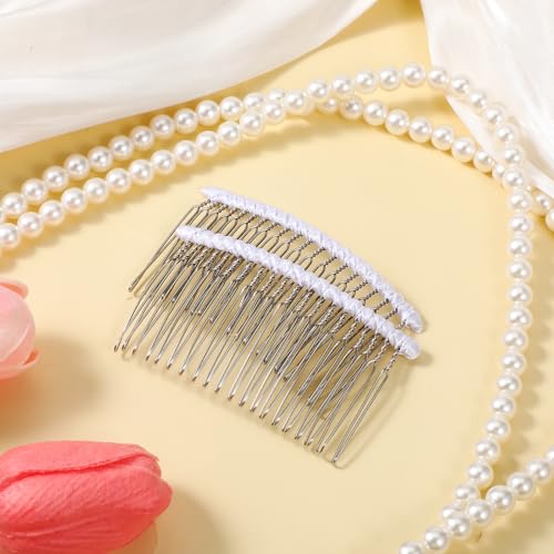White Ribbon-Wrapped Metal Hair Comb 20-Teeth French Vintage Veil Clip