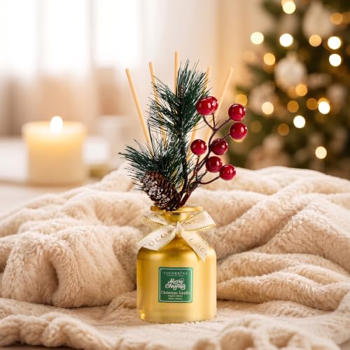 Christmas Vanilla Reed Diffuser Set - Home Fragrance with Gold Bottle & Holiday Decor