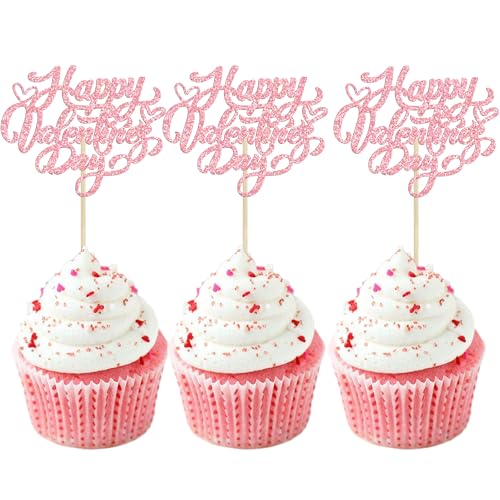 Valentine's Day Glitter Cupcake Toppers 24Pcs Pink Sweet Love Cake Picks