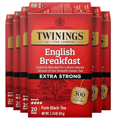 Twinings Extra Strong English Breakfast Black Tea Bags - 20 Ct Pack of 6, Caffeinated, Full-Bodied, Individually Sealed