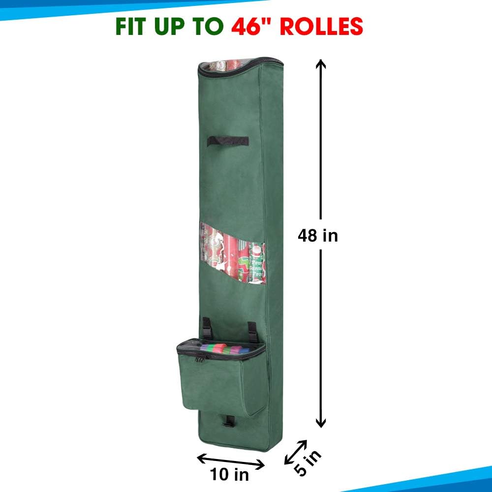 Primode Heavy-Duty Christmas Gift Wrap Storage Bag - Long Wrapping Paper Organizer with Detachable Tote | 48"x10"x5" (Green)