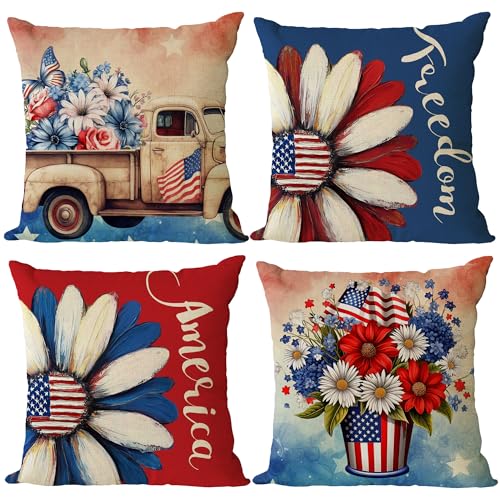 YeeJu 4-Pack 4th of July Patriotic Throw Pillow Covers 18x18