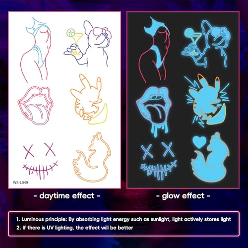 Glow in the Dark Temporary Tattoos - 56 Blue Designs, 10 Sheets
