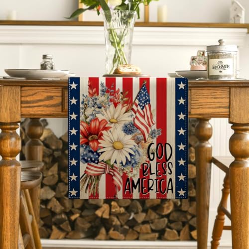 Patriotic Table Runner 13x72 Inches - Red White Blue Decor