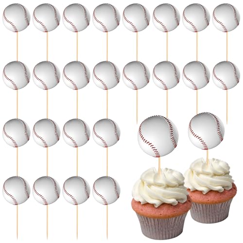 Baseball Cupcake Toppers - 24-Pack White Baseball Decorations