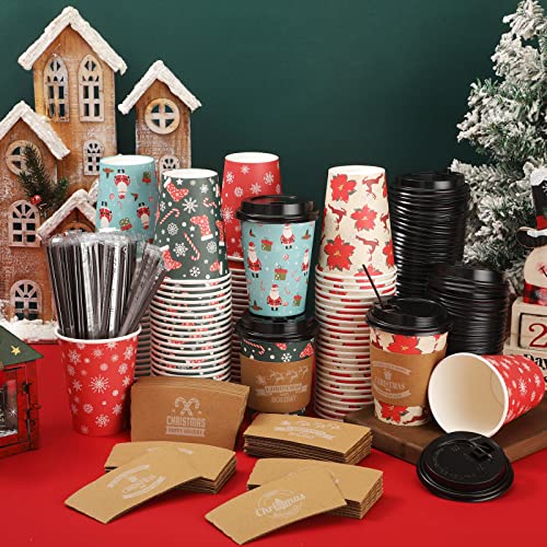 Christmas Paper Cups with Lids, Straws & Sleeves - Bright Style, 12 oz, 100 Sets